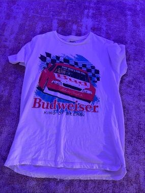 Budweiser White Tee with Red Racecar Graphic